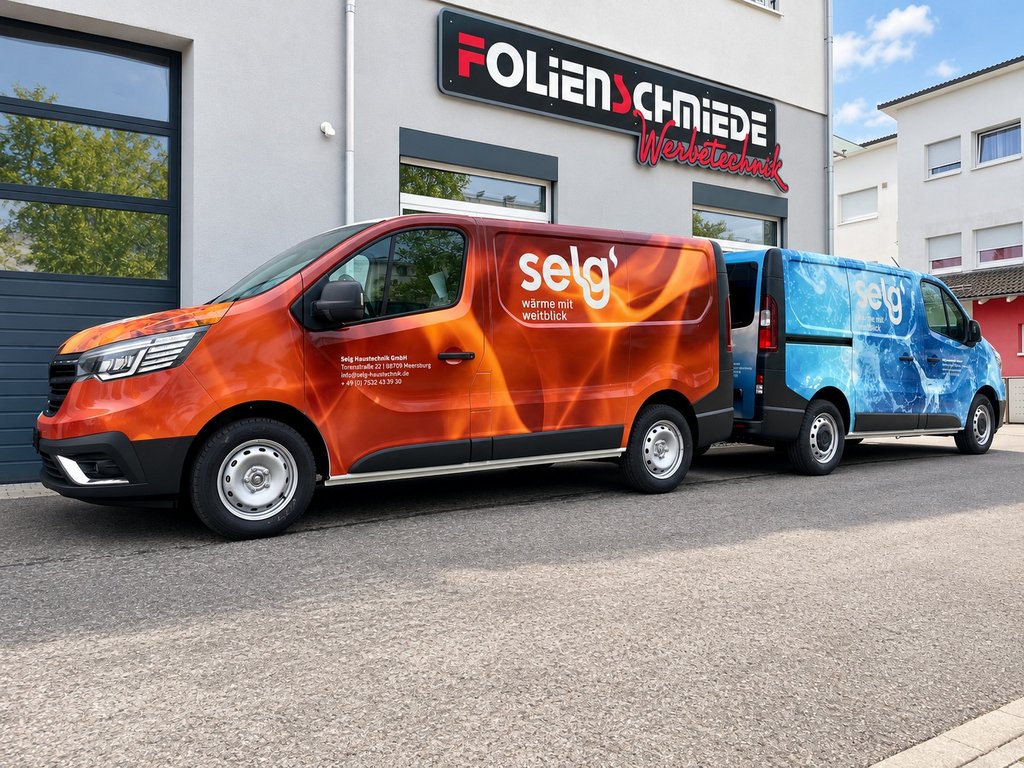 Orange und blau gestaltete Transporter von Selg Haustechnik vor der Folienschmiede